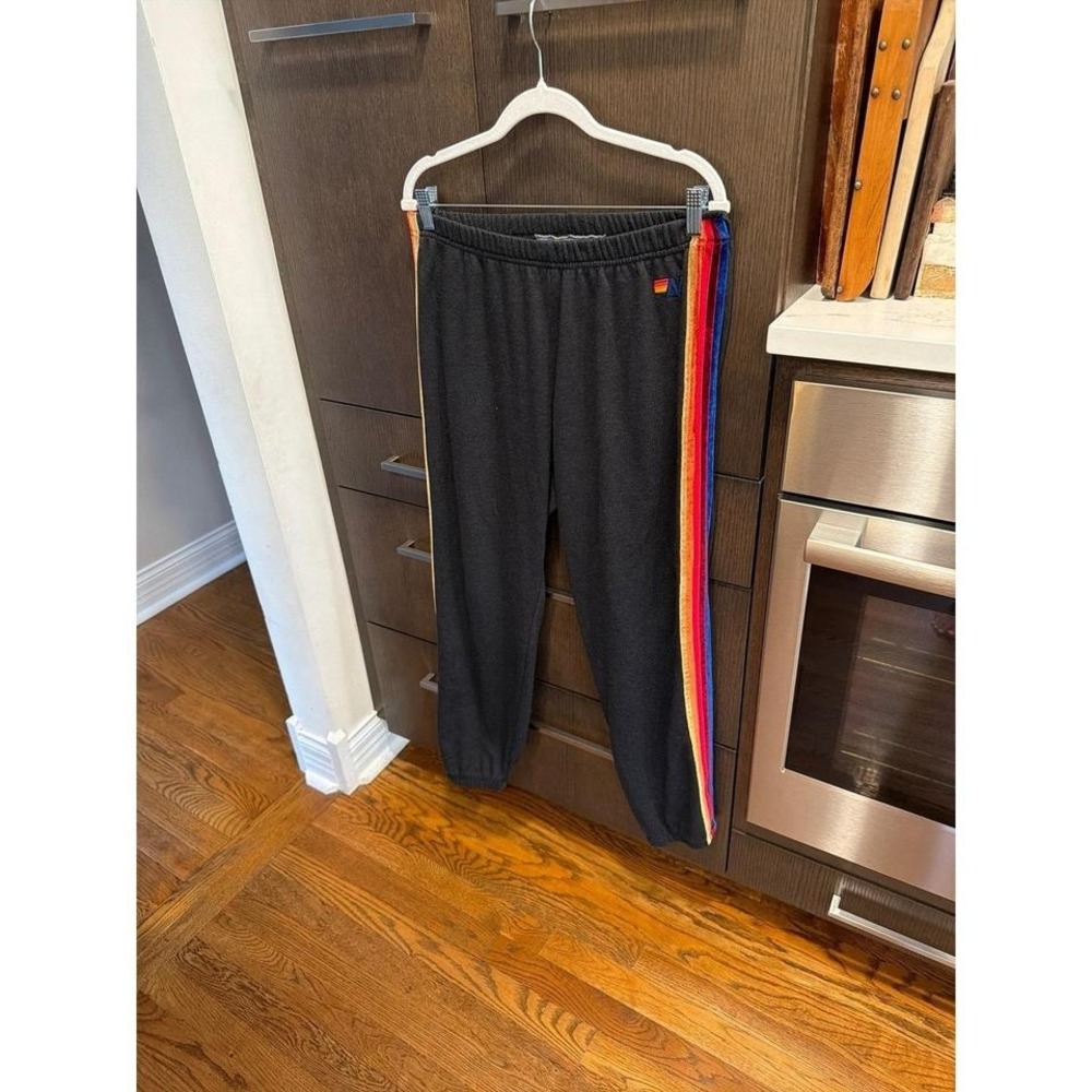 Aviator Nation Favorite 5 Stripe Sweatpants in charcoal black rainbow velvet XL